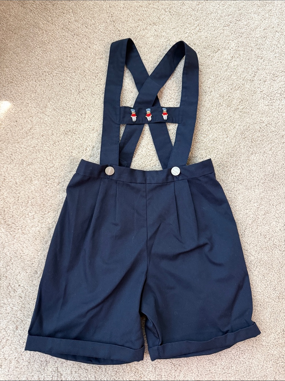 Feltman Brothers Navy Kids Suspender Shorts with Snowman & Buttons